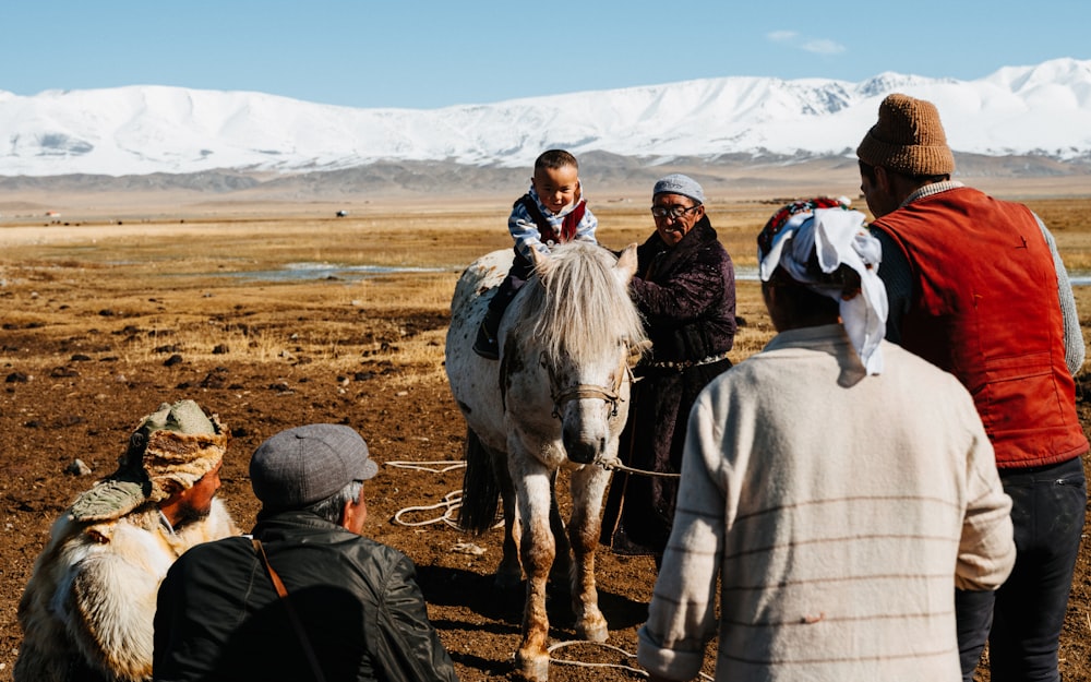 a group of people standing around a white horse