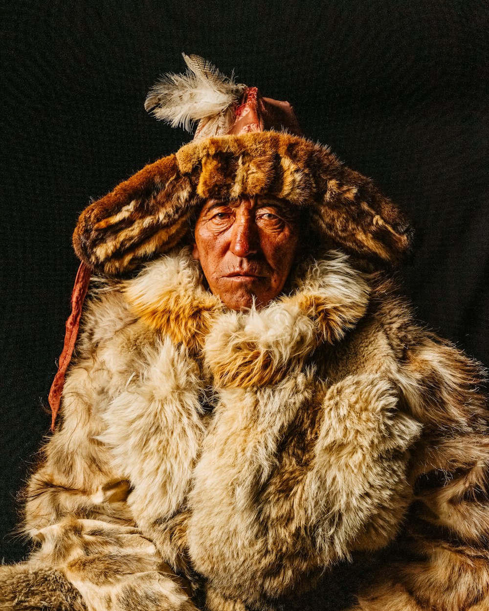 an old man wearing a fur coat and a hat