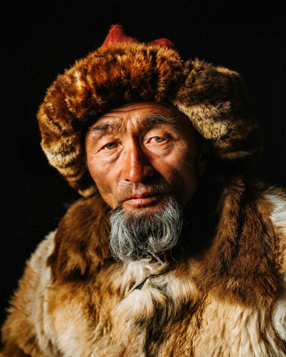 an old man wearing a fur hat and fur coat