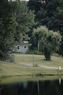 a house sitting on top of a lush green field next to a lake