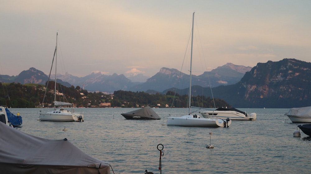 a group of boats floating on top of a lake