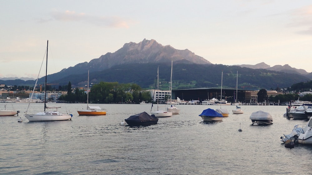 a group of boats floating on top of a lake