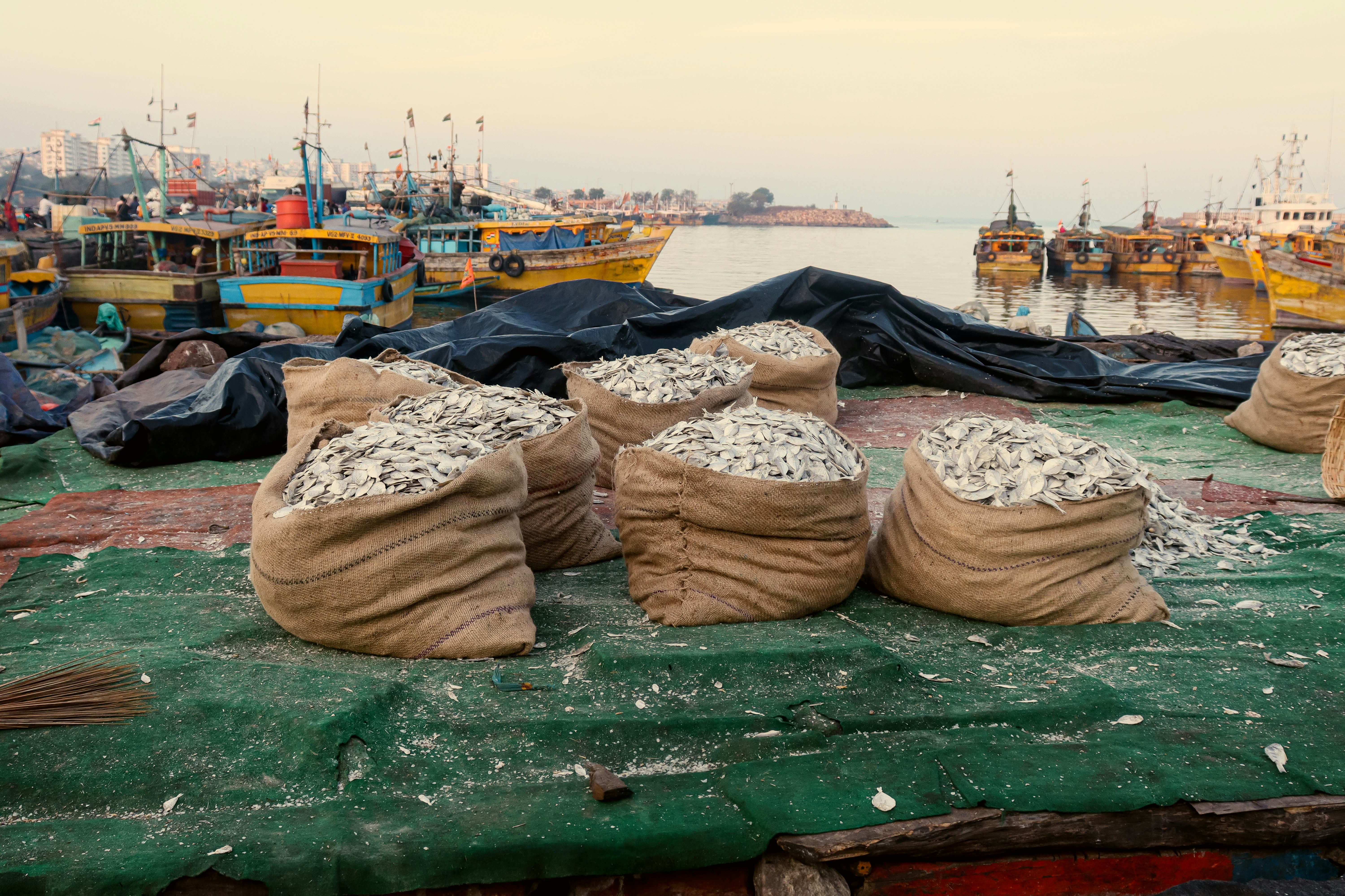 un tas de sacs qui sont posés sur une table