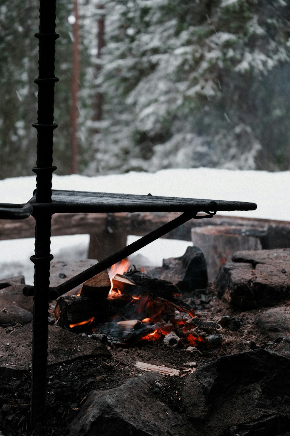 a campfire in the middle of a snowy forest