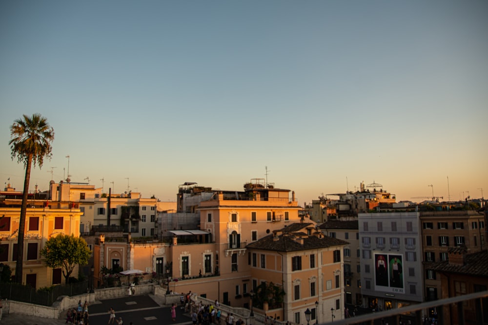 a view of a city with palm trees and buildings