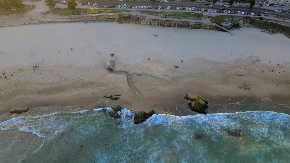 an aerial view of a beach and ocean