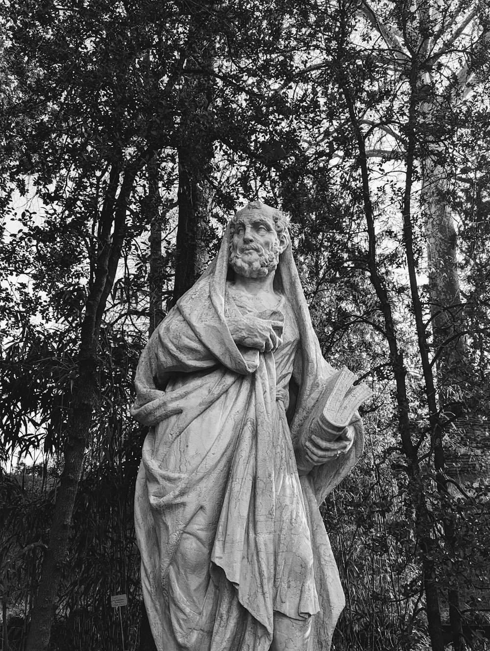 a black and white photo of a statue of jesus