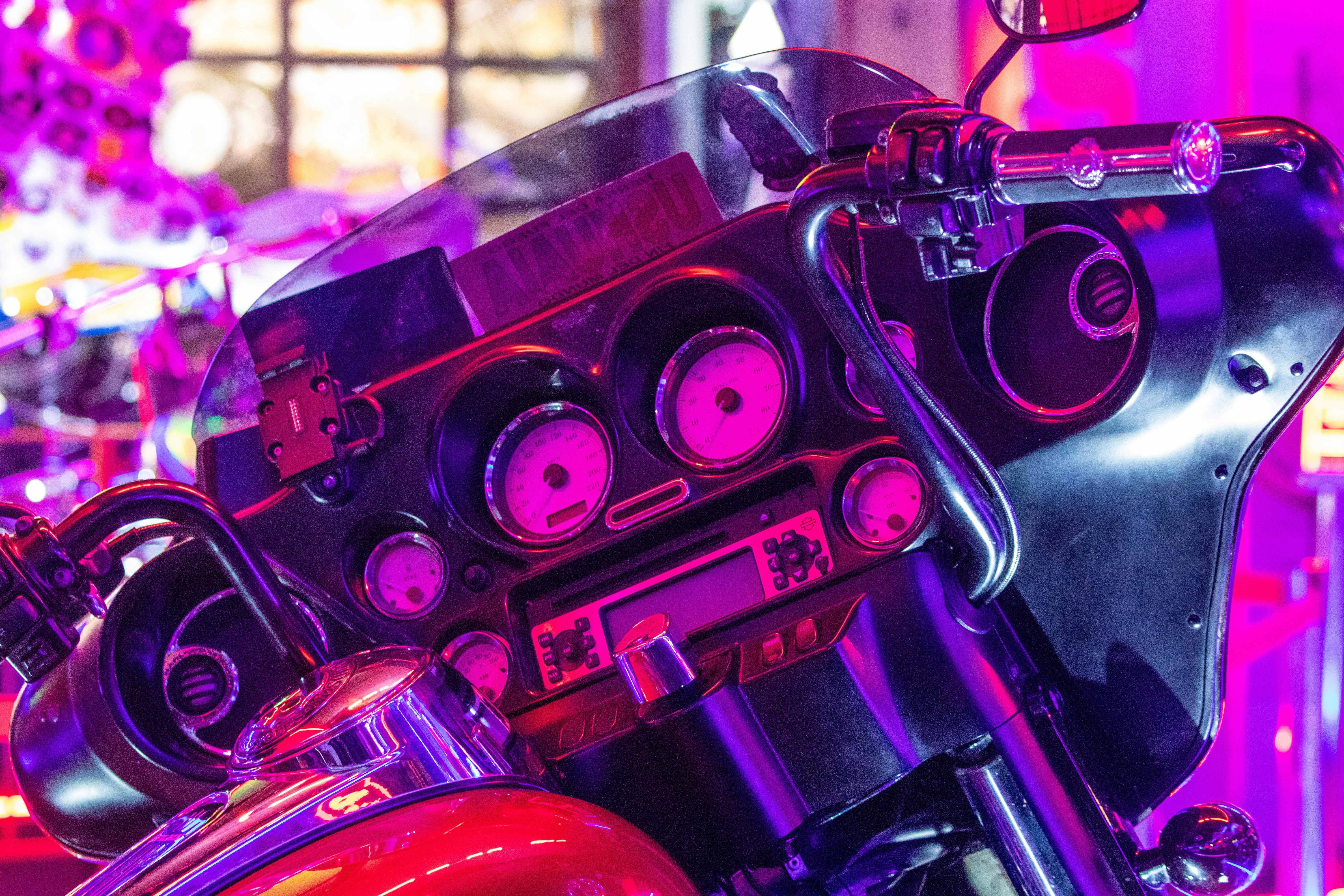 a close up of a motorcycle on a city street