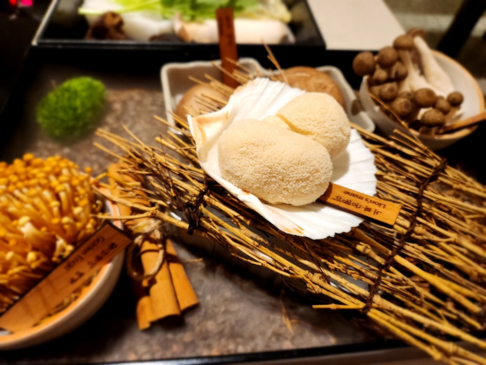 a variety of food items displayed on a table