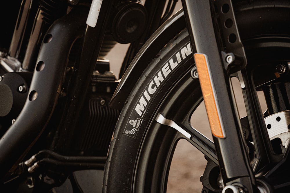 a close up of the front wheel of a motorcycle