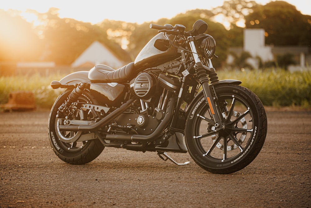 a motorcycle parked on the side of a road