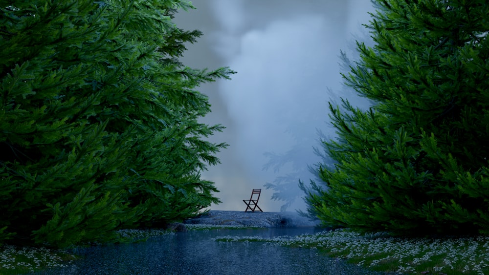 a chair sitting in the middle of a forest