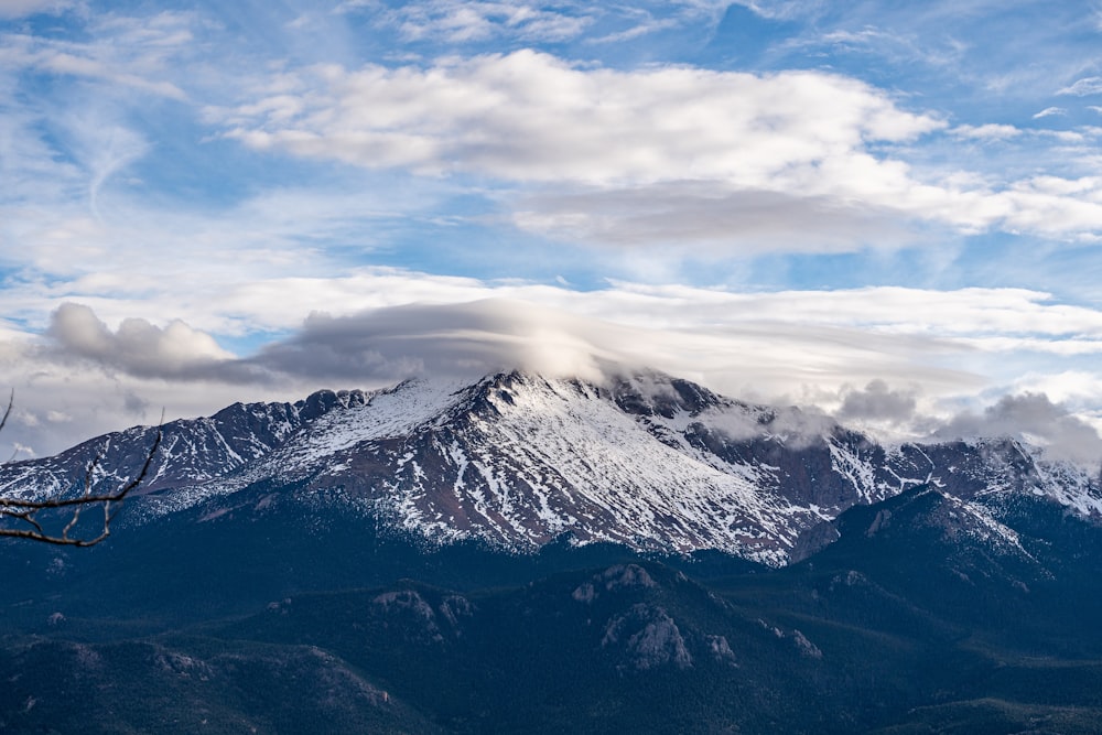 une montagne couverte de neige sous un ciel nuageux