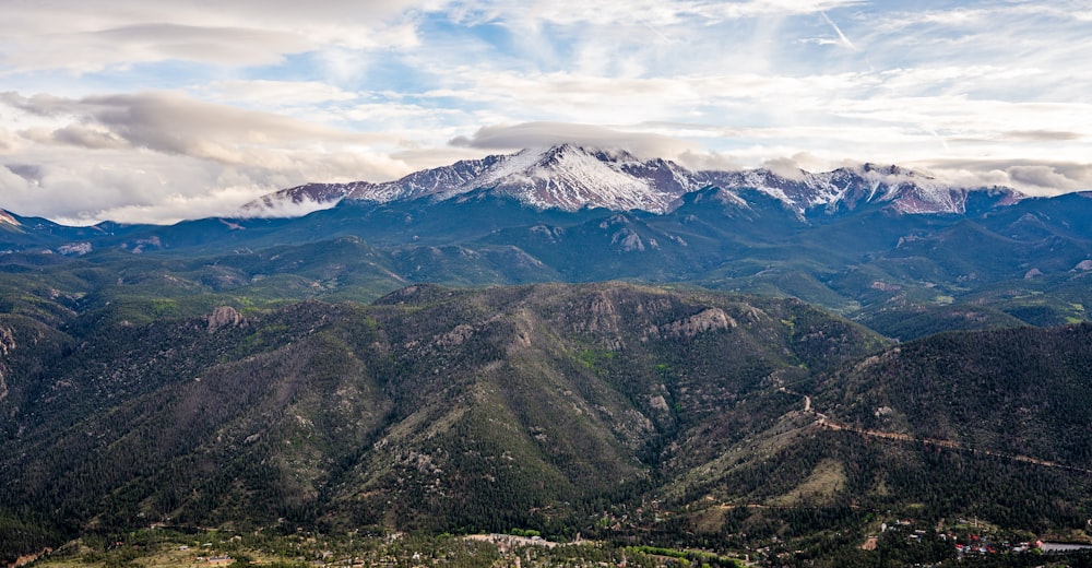 una vista panorámica de una cadena montañosa con montañas nevadas en la distancia
