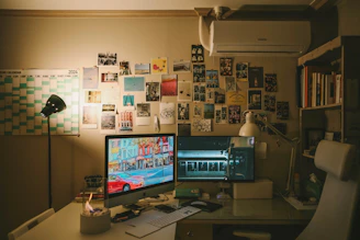 a computer desk with two monitors and a lamp