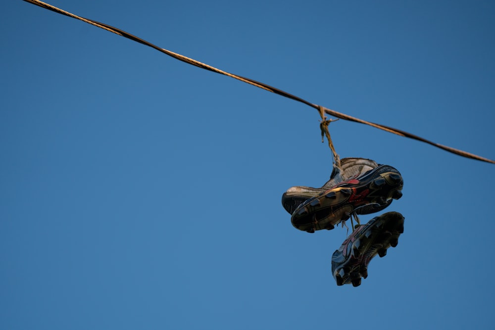 a pair of shoes hanging from a wire