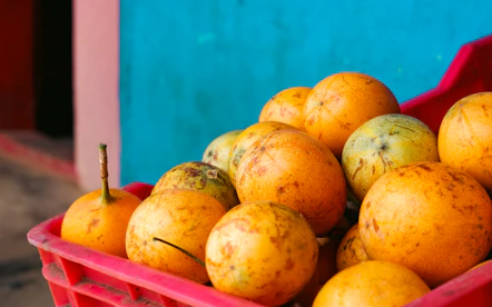 a red crate filled with lots of oranges