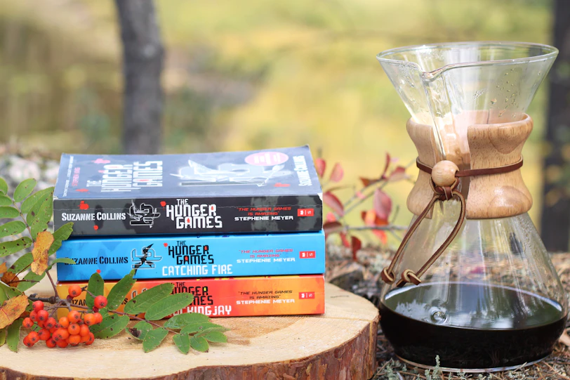 a stack of books sitting on top of a tree stump