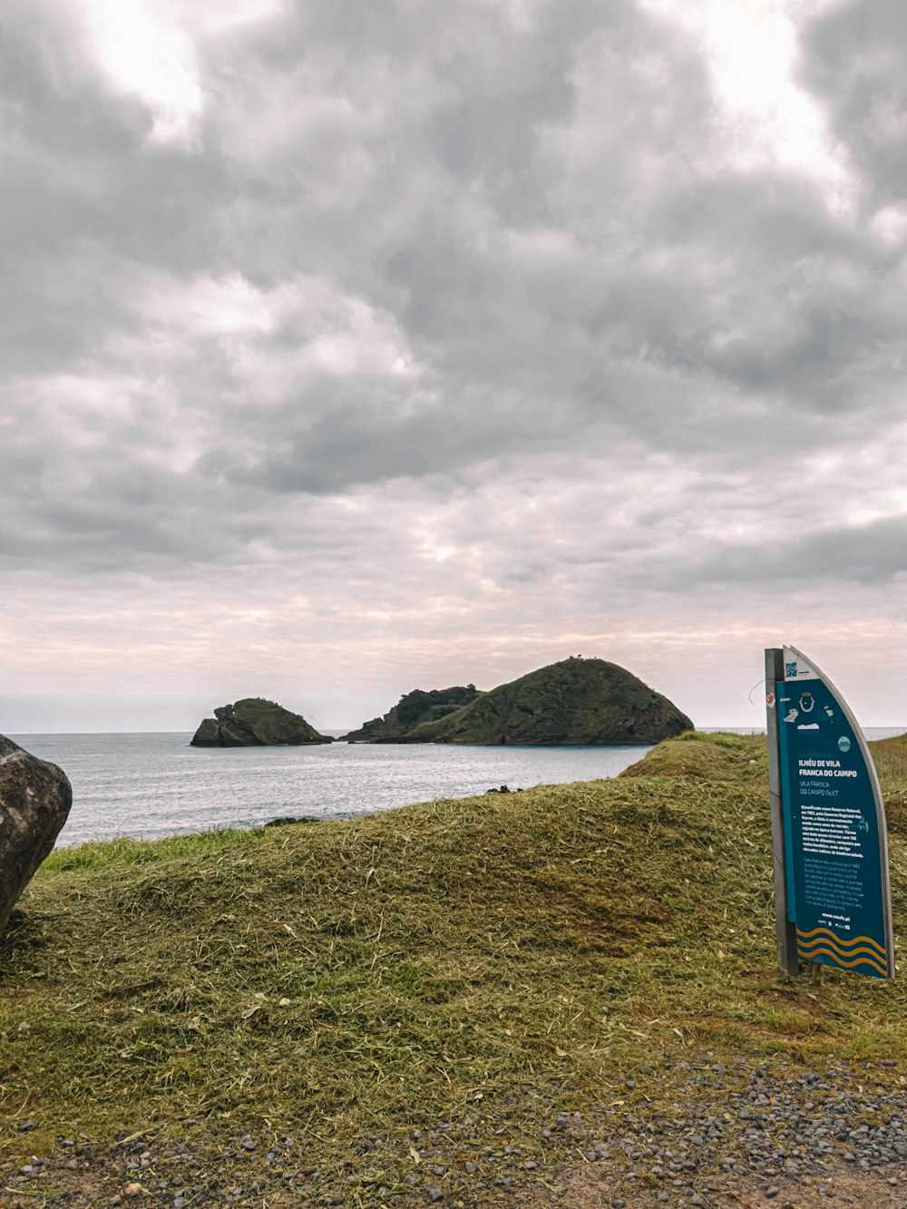 a large rock sitting on top of a lush green hillside