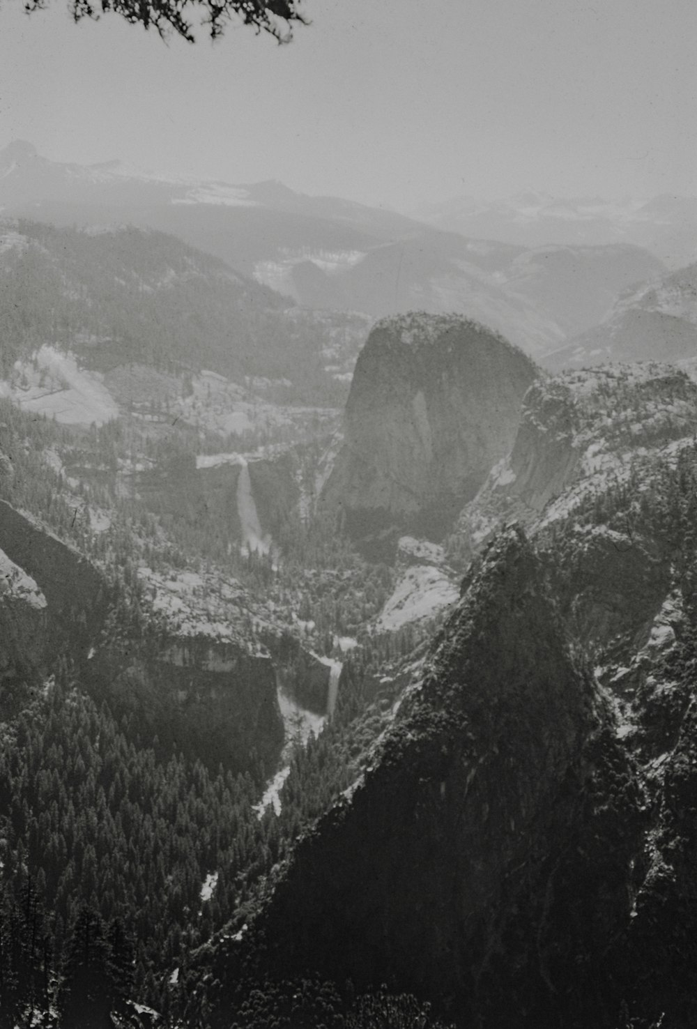 Una foto en blanco y negro de montañas y árboles