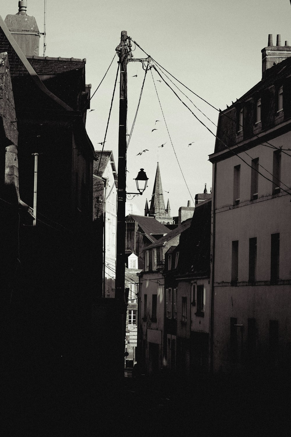 a black and white photo of a street light