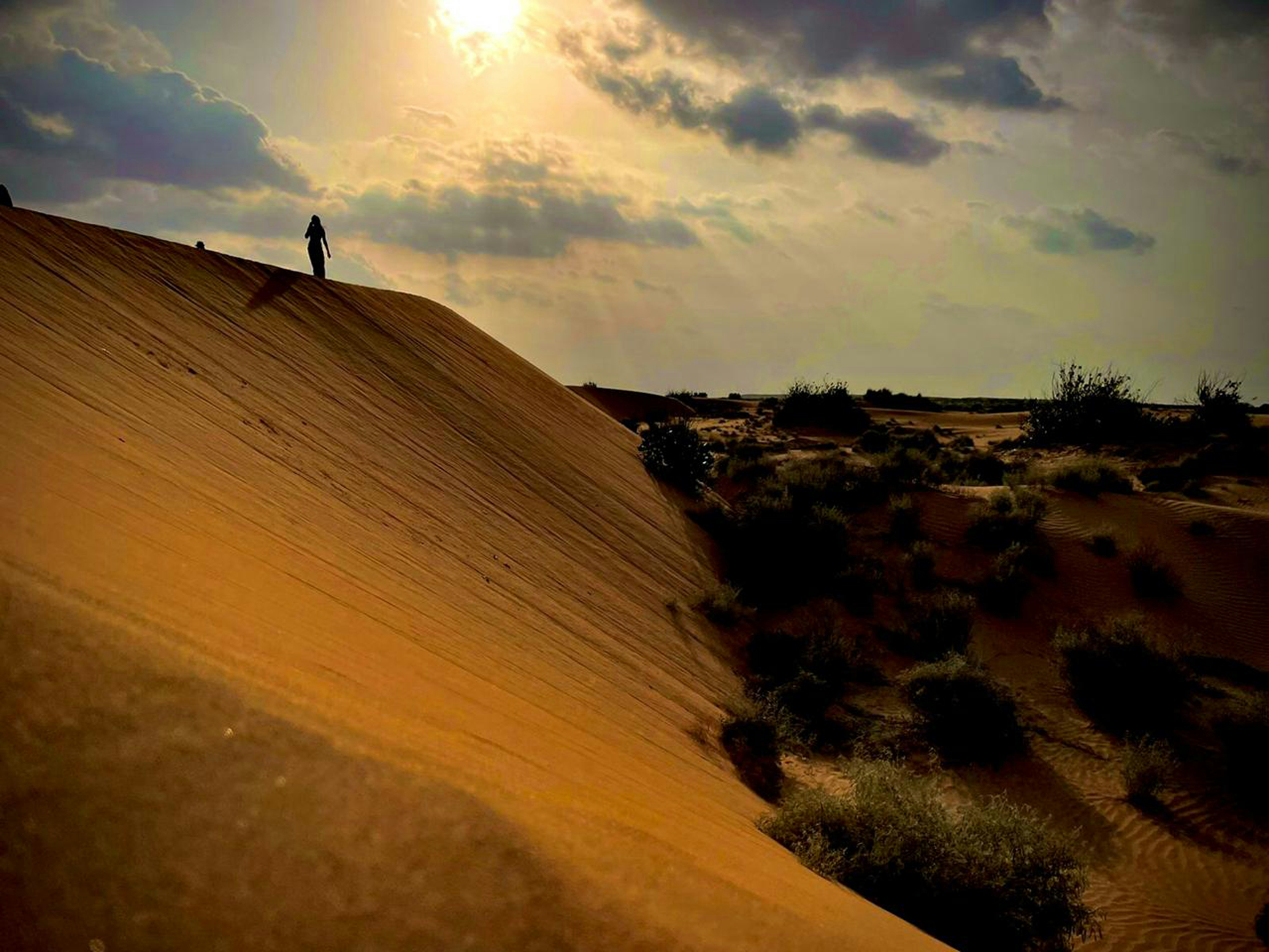 A person standing on top of a sand dune