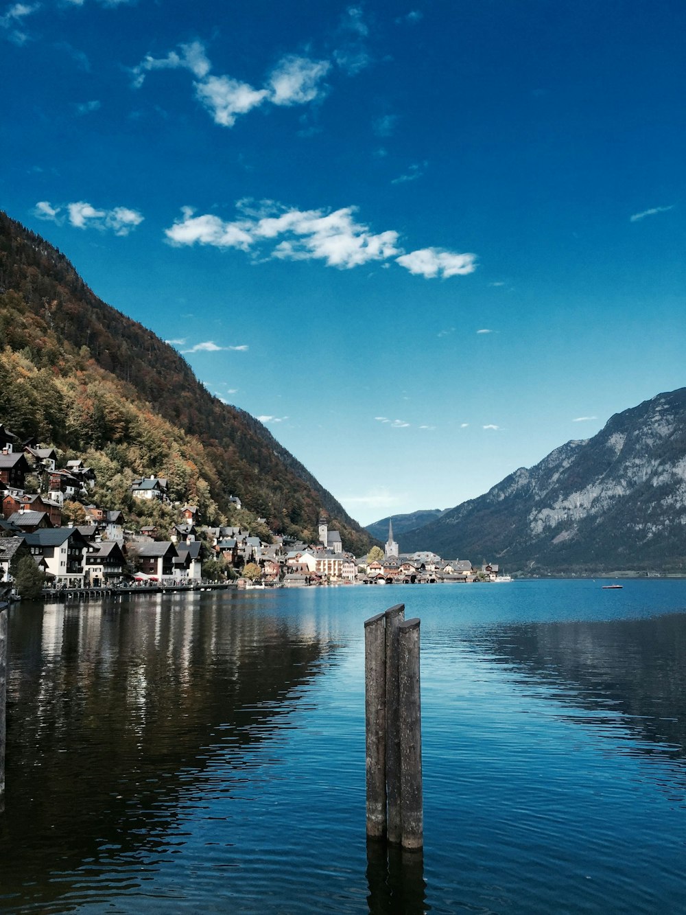 a body of water surrounded by mountains and houses