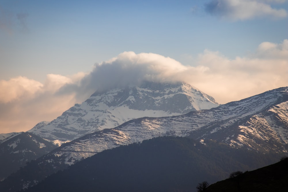 a mountain covered in snow under a cloudy sky