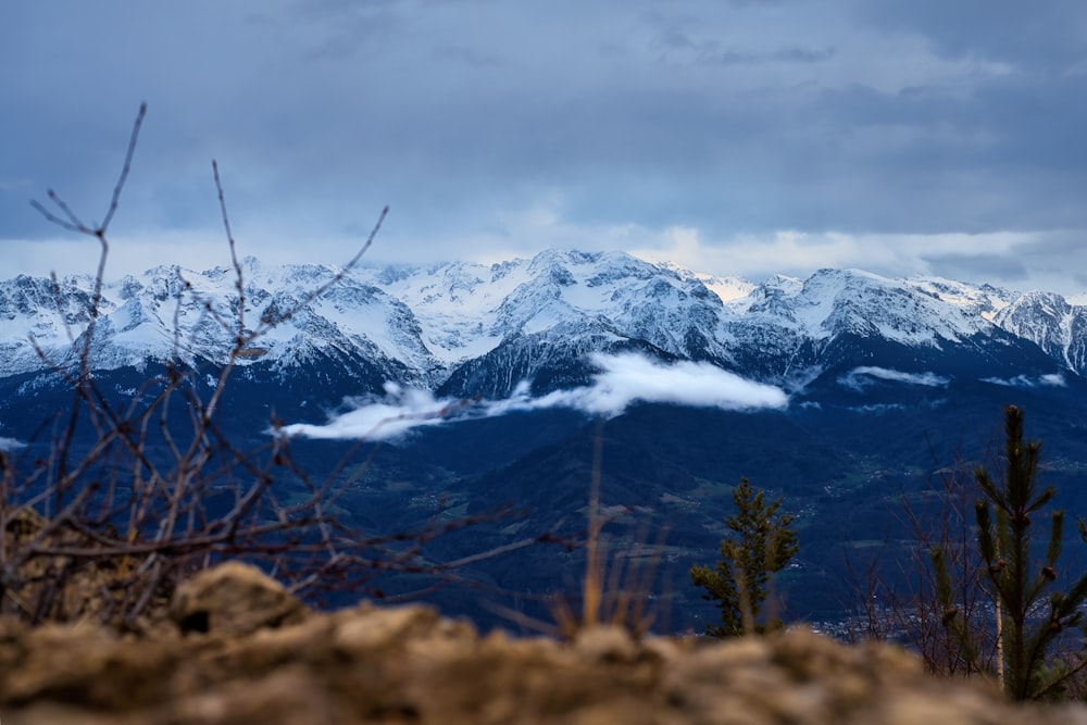 a view of a snowy mountain range from the top of a hill