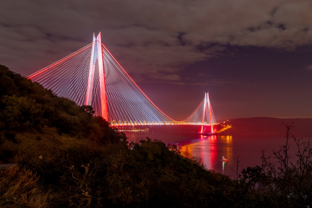 a long exposure photo of a bridge at night