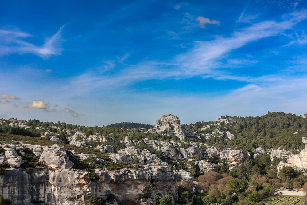 une vue panoramique d’une montagne avec un ciel bleu en arrière-plan