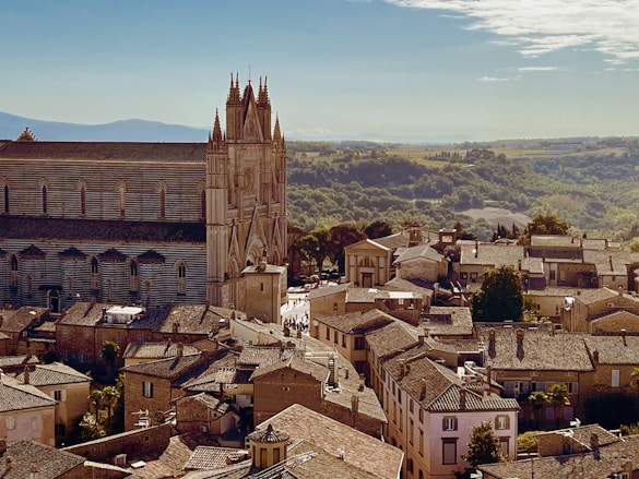 a view of a city with a church in the background
