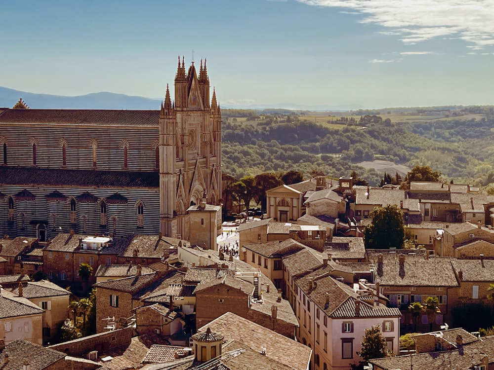 a view of a city with a church in the background