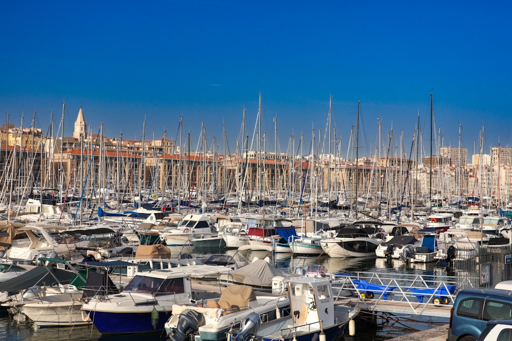 a harbor filled with lots of boats next to a city