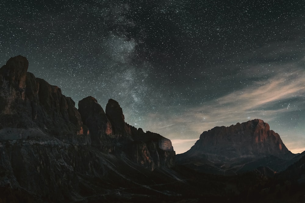 the night sky with stars above a mountain range