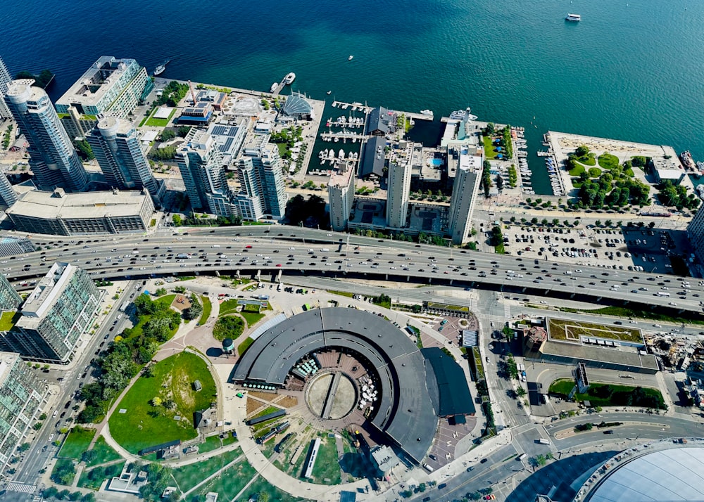 an aerial view of a large city with a river running through it