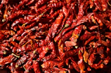 a pile of red peppers sitting on top of a table