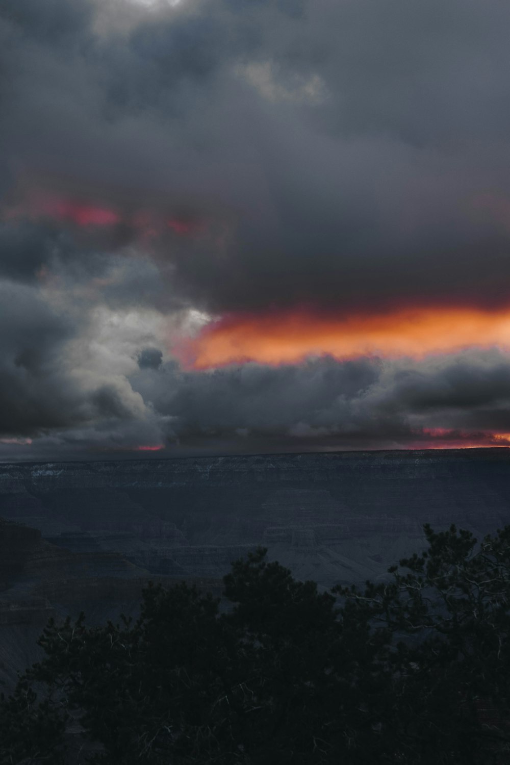 a cloudy sky over a canyon with trees in the foreground