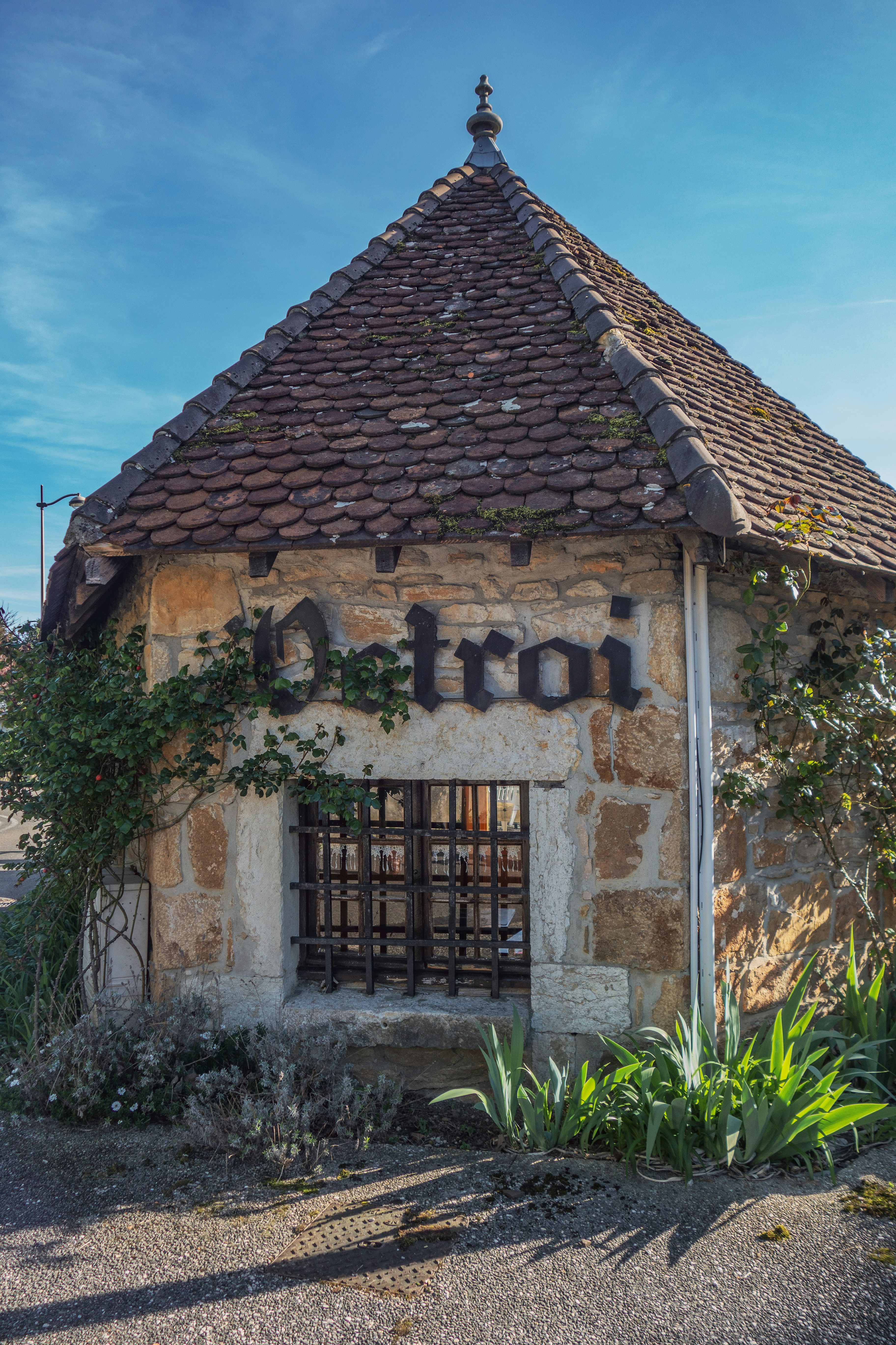 a stone building with vines growing on it