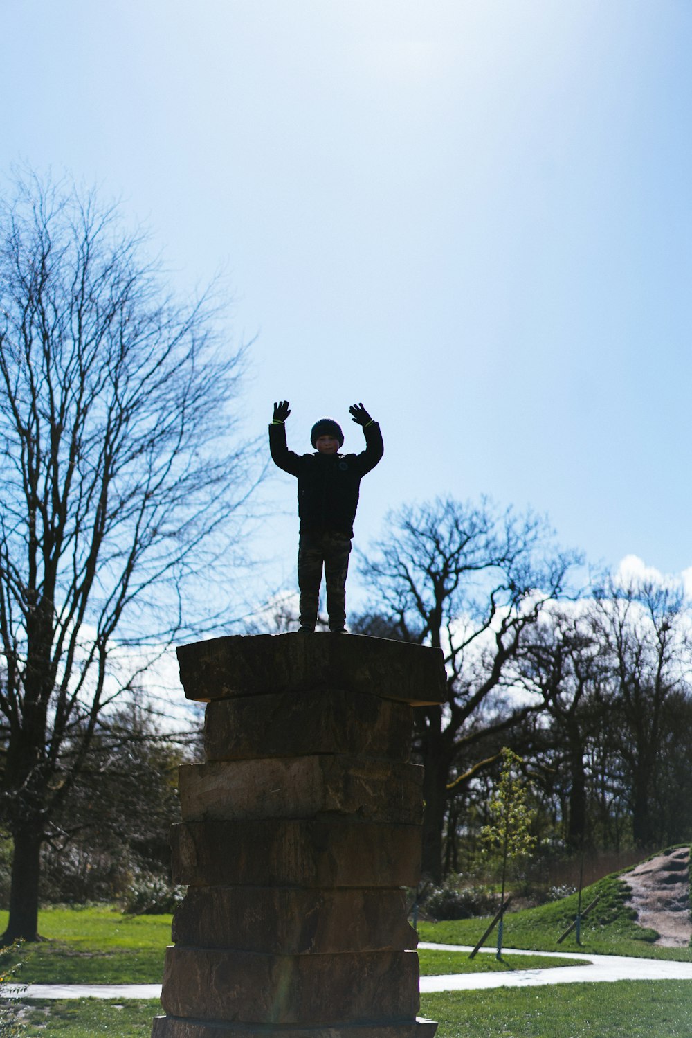 a man standing on top of a statue in a park