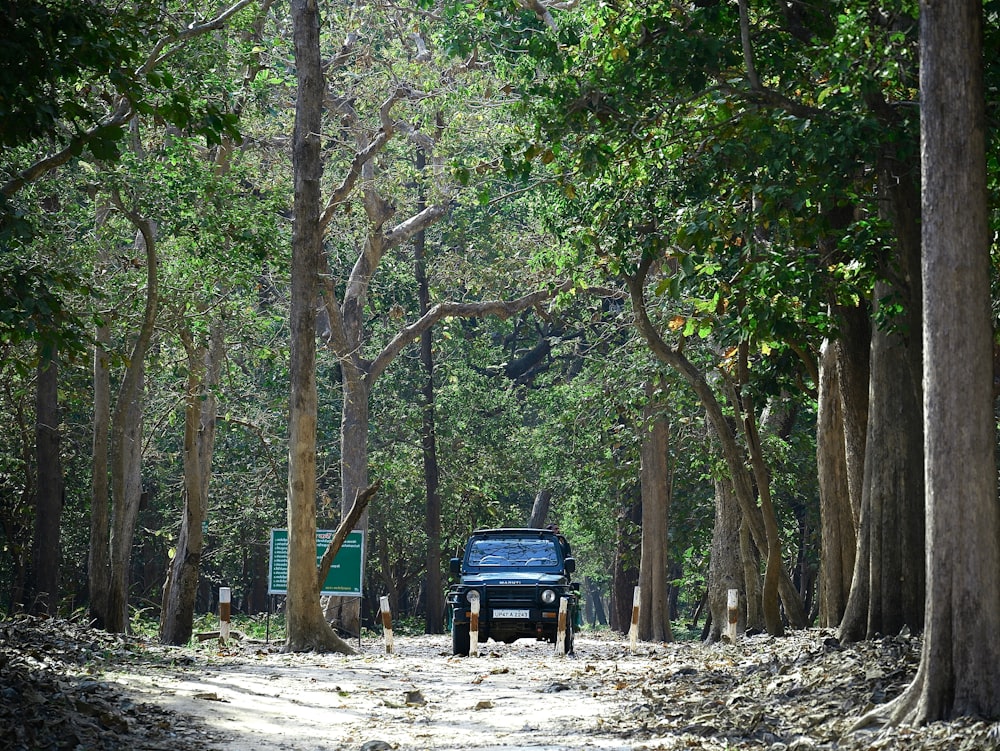 a truck driving down a dirt road surrounded by trees