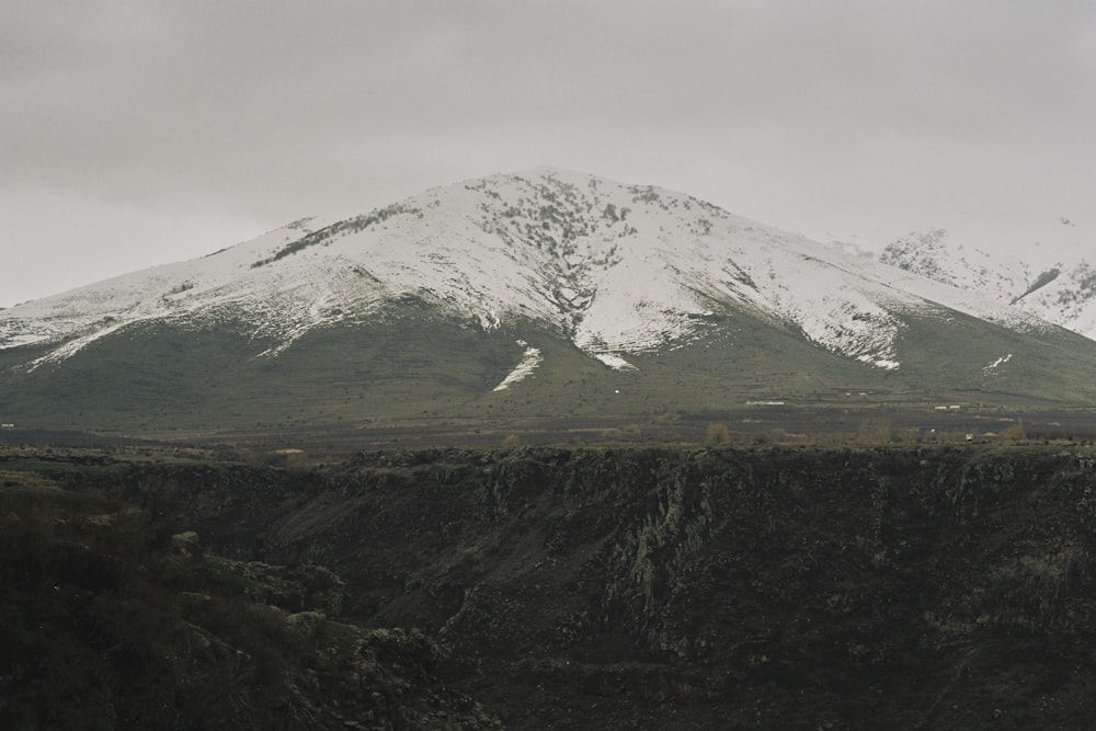 a snow covered mountain in the distance with trees in the foreground