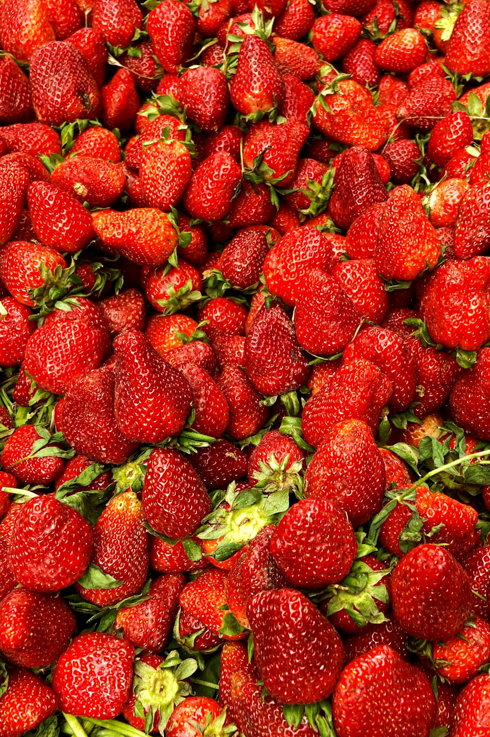 ein großer Haufen Erdbeeren, die nebeneinander liegen
