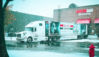a delivery truck parked in front of a store