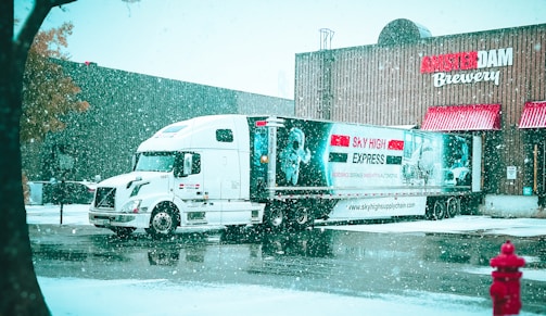 a delivery truck parked in front of a store