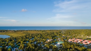 a bird's eye view of a resort surrounded by trees