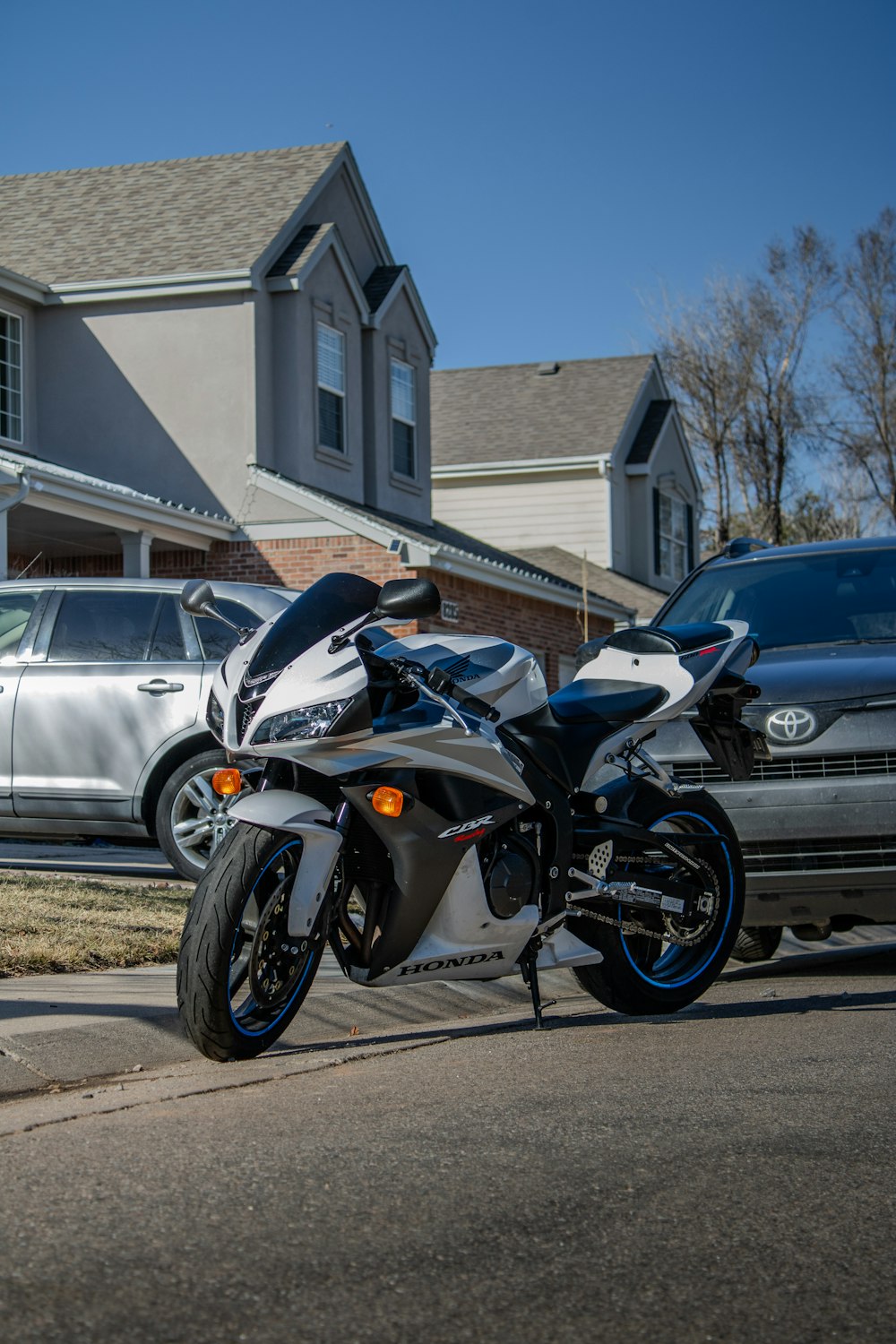 a motorcycle parked on the side of the road