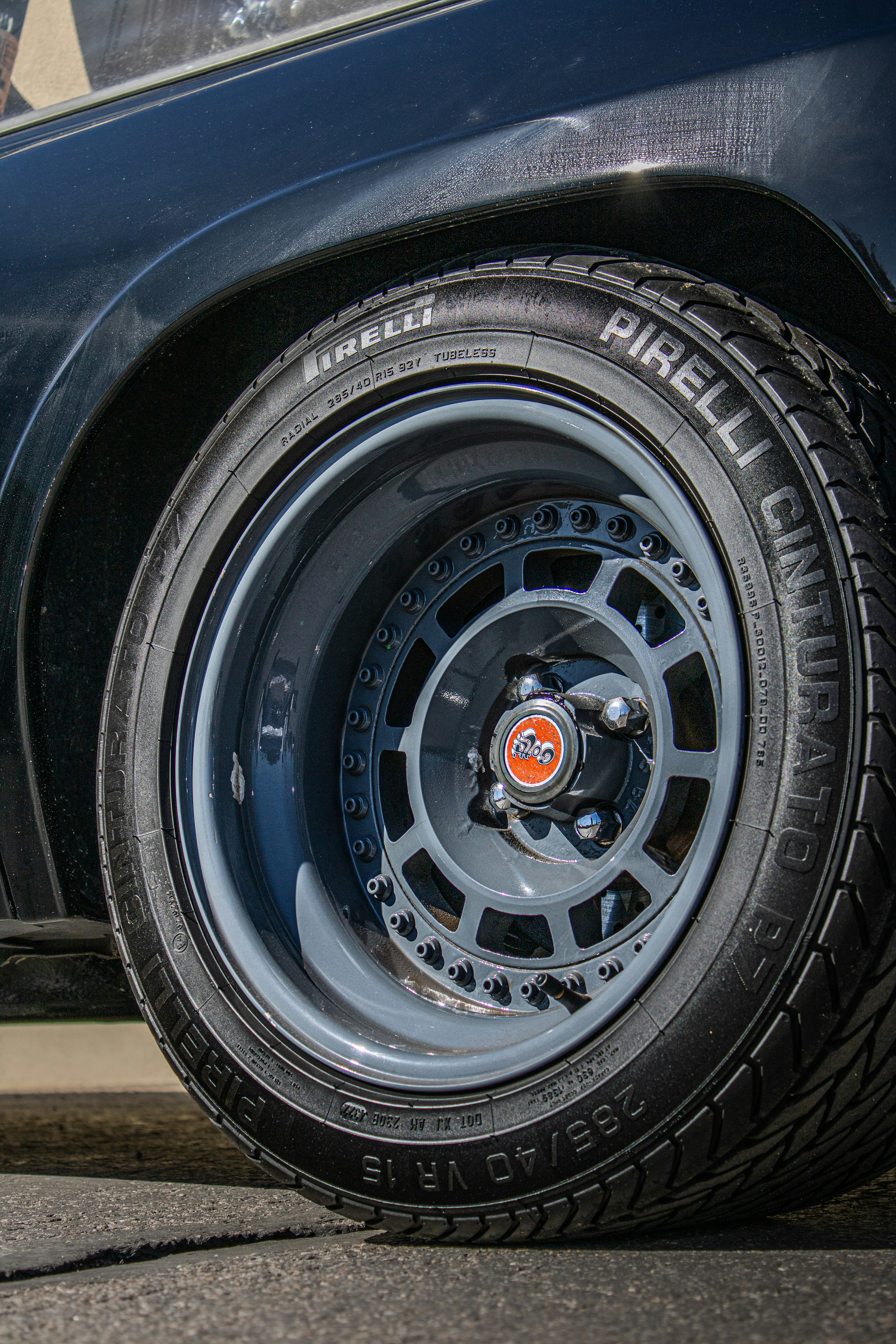 a close up of a tire on a car