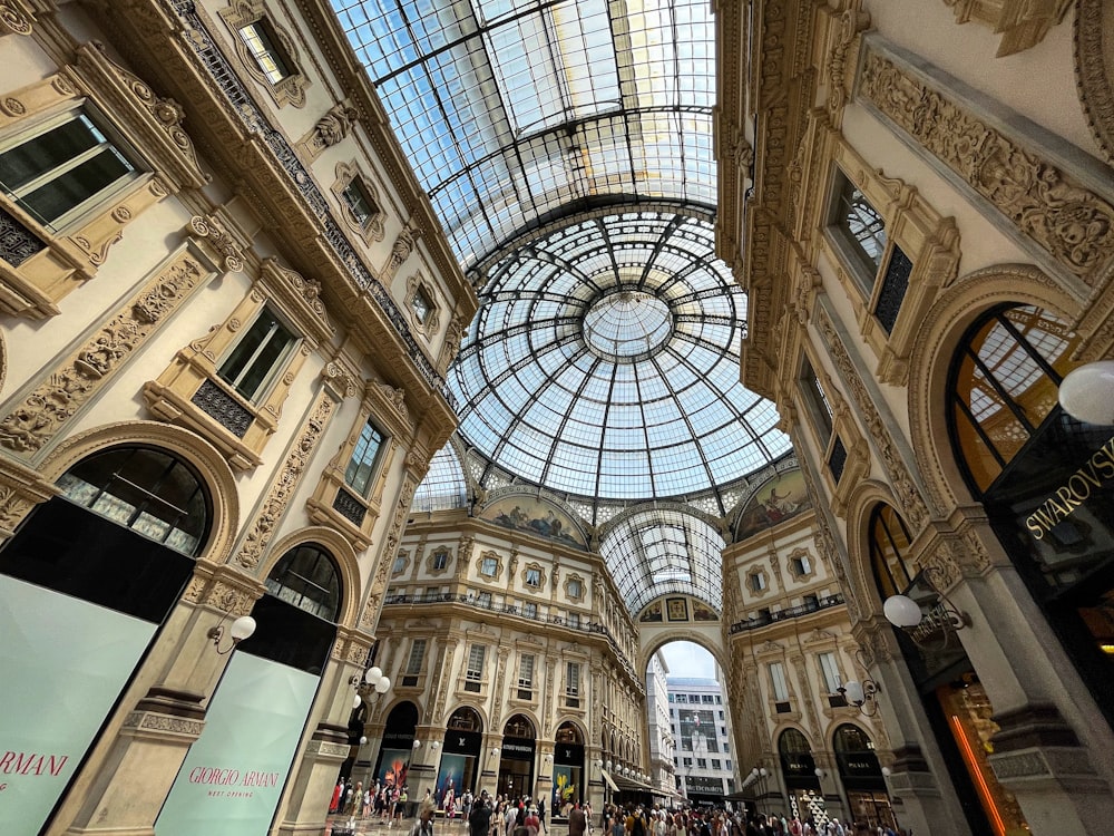 the inside of a building with a glass ceiling