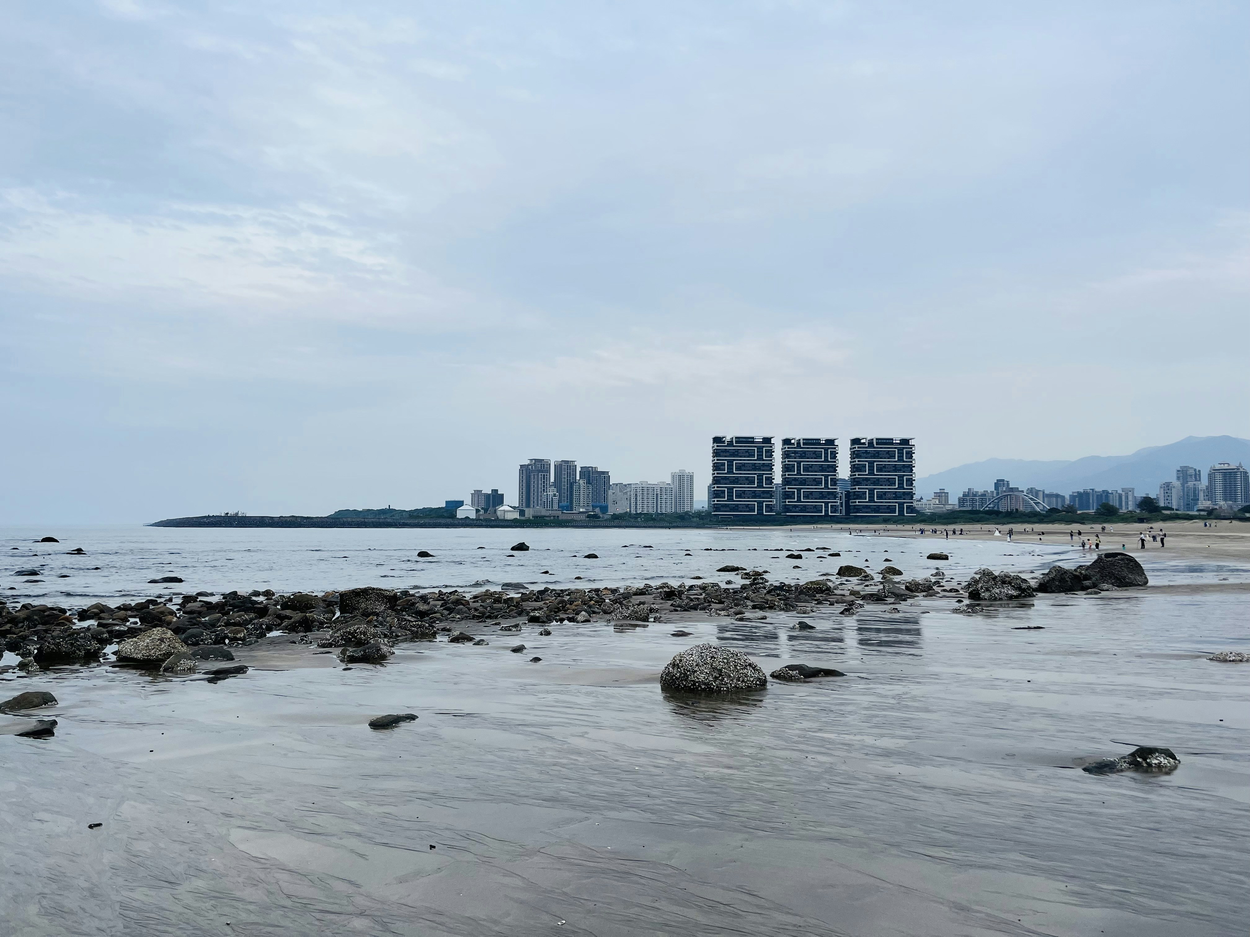 a view of a beach with a city in the background